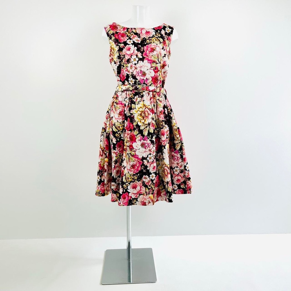Lindy Bop Audrey Womens Floral Dress UK16 Belted Fit & Flare Retro Style - Picture 5 of 8